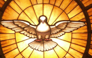 A stained glass image of a dove.